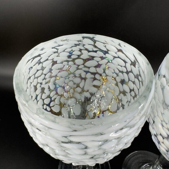 White Graniti Iridescent Art Glass Goblet Set 2 Barware Glasses Textured Cups - Picture 11 of 16